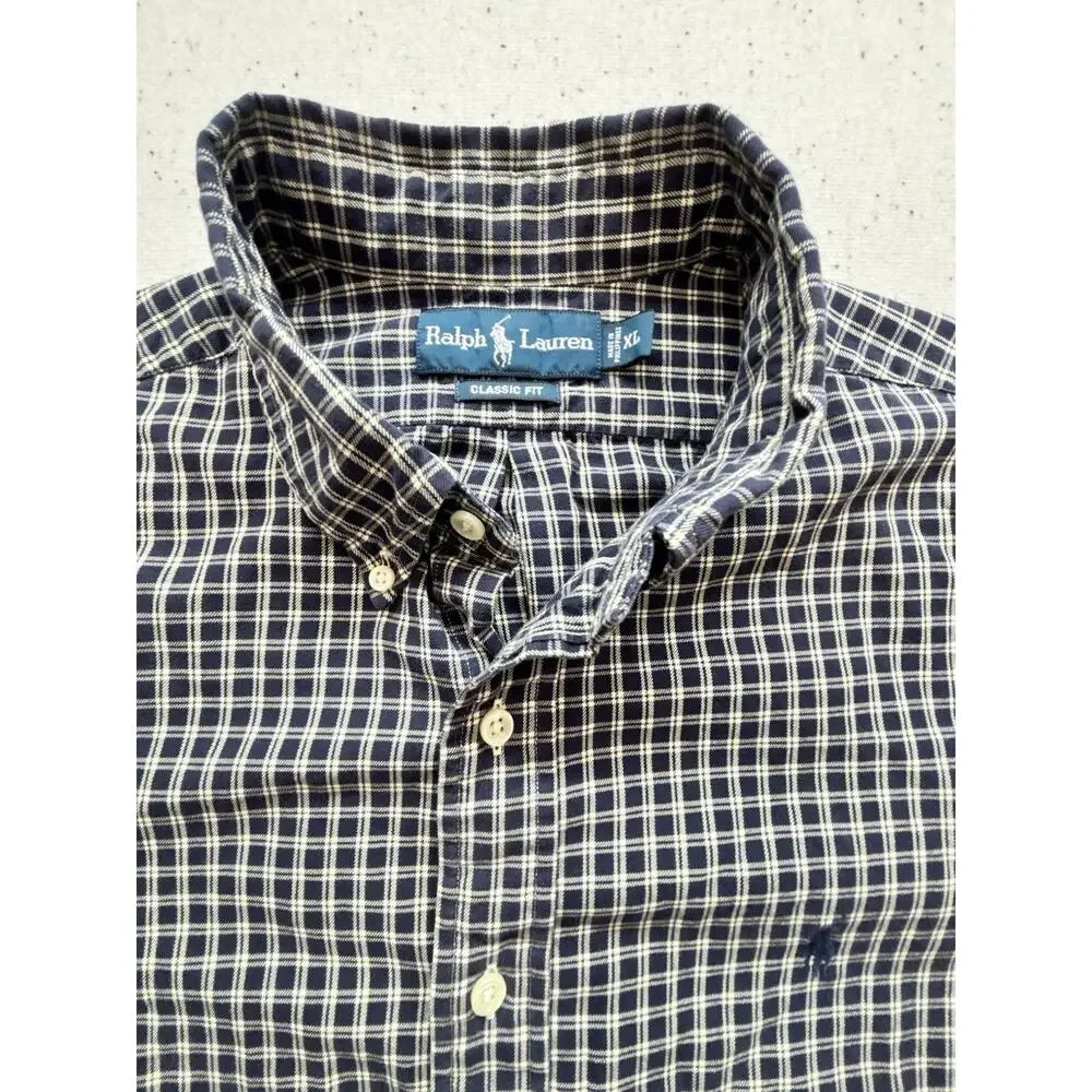 Polo Ralph Lauren Men Button Down Shirt XL Classic Fit Navy Blue Check Plaid LS